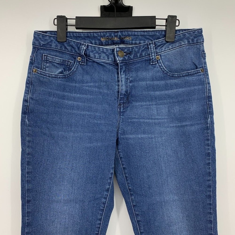 Michael Kors Jeans Izzy Skinny Blue Denim Raw Fray Hem Mid Rise - Picture 2 of 9